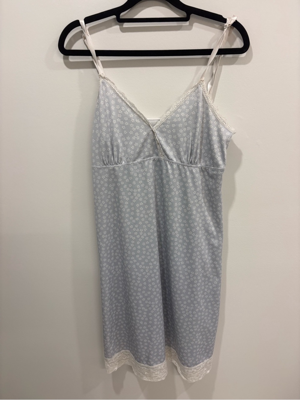 Women's Light Blue Floral Slip Nightdress with Lace Trim